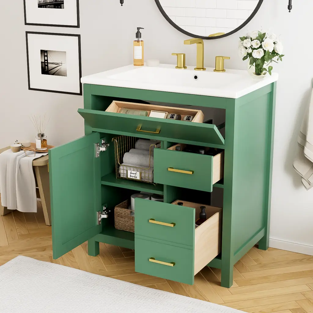 30 Inch Green Bathroom Vanity Porcelain Sink and Large Storage rnb