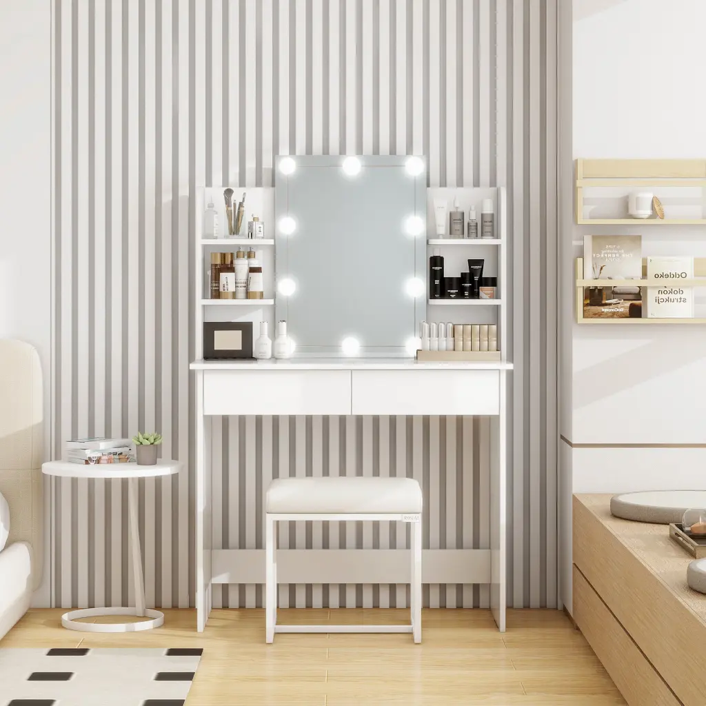 Makeup Vanity Desk LED Lighted Mirror And 2 Drawers Dressing Table Set rnb