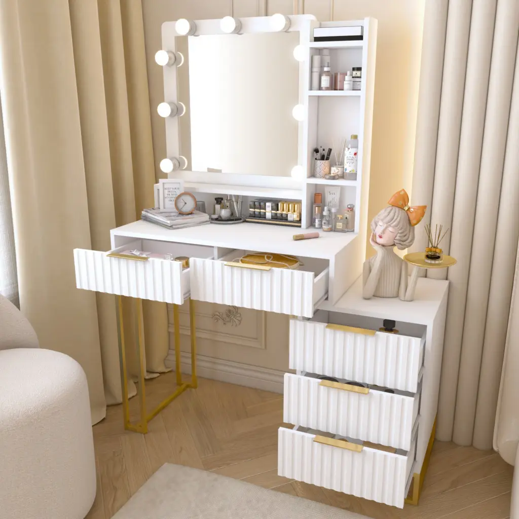 Cosmetics Vanity Desk Mirror and Lights 5 Drawers Vanity Table xiewan