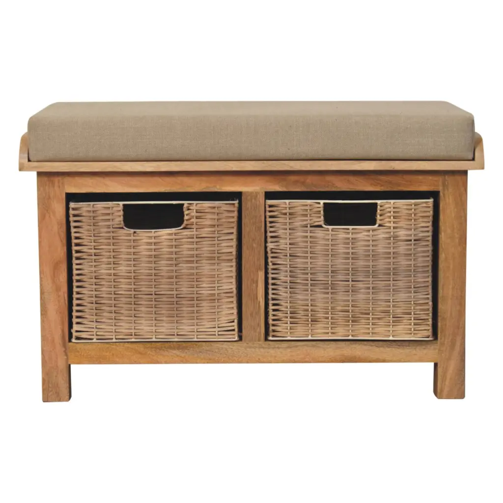 Solid Timber Rattan Basket Linen Bench Light Brown Vanity Stool artisan furniture