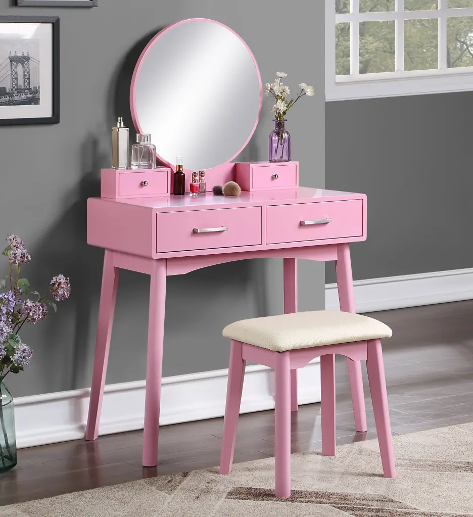 Liannon Contemporary Timber Vanity and Stool Set Pink hz