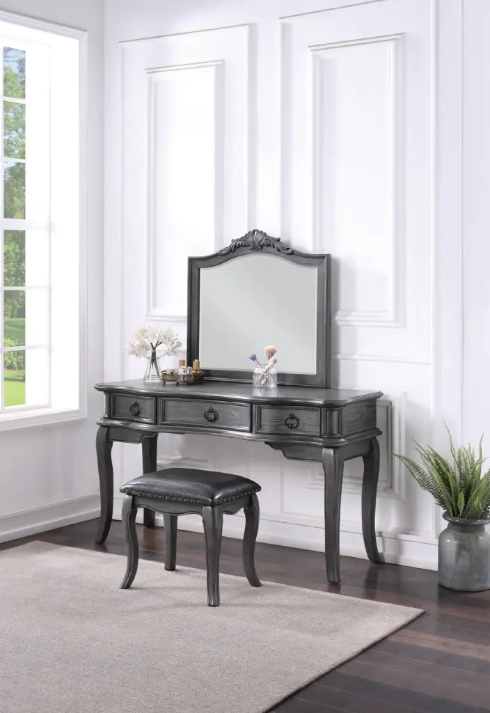 Contemporary Grey Finish Vanity Set Stool And Retro Style Drawers kanepe