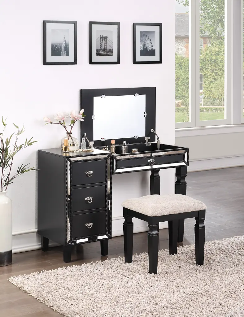 Traditional Formal Black Hue Vanity Set Stool Storage Drawers kanepe