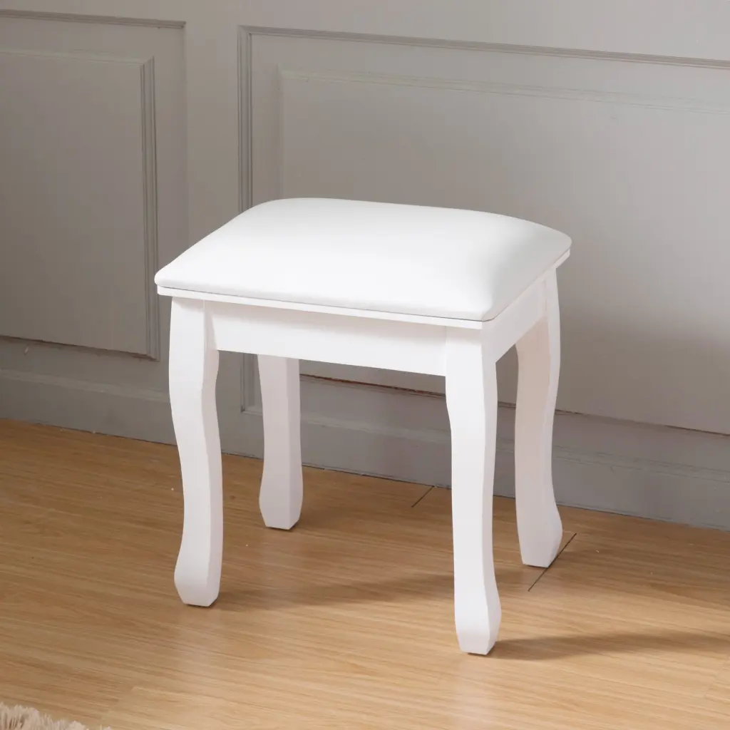 White Vanity Stool Padded Cosmetics Chair Bench Solid Wood Legs familyroom furnitures