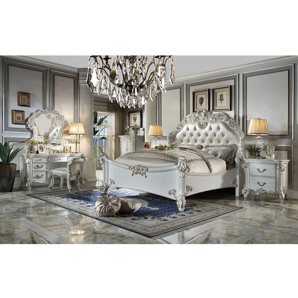 Vendome Vanity Stool Beige PU Antique Silver Finish BD01508 acme onsite store