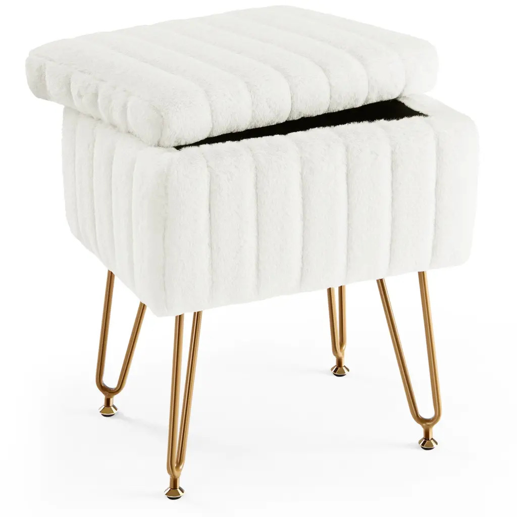 Vanity Stool Chair Storage Ottoman Faux Fur Soft Padded Cosmetics Seat w2201