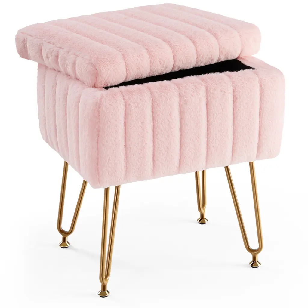 Vanity Stool Chair Storage Ottoman Faux Fur Soft Padded Cosmetics w2201