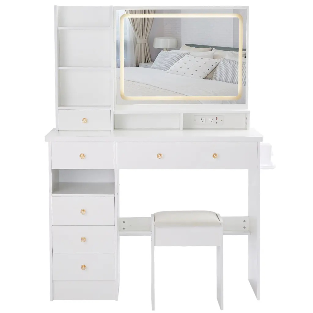 41 Inch Large Left Drawer Desktop Vanity Table Cushioned Stool Dresse crazy elf