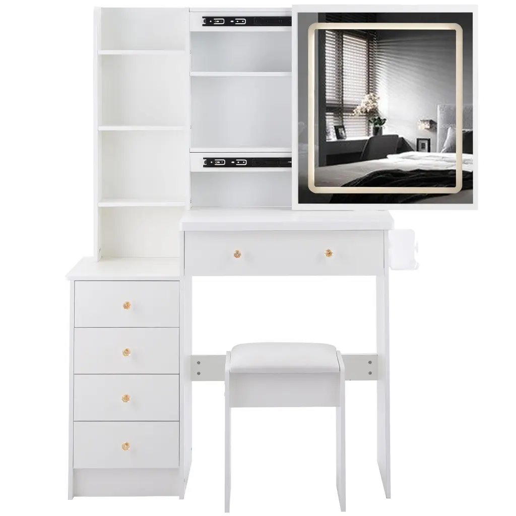 37 Inch Middle Size Left Bedside Cabinet Vanity Table Cushioned Stool Dresser crazy elf