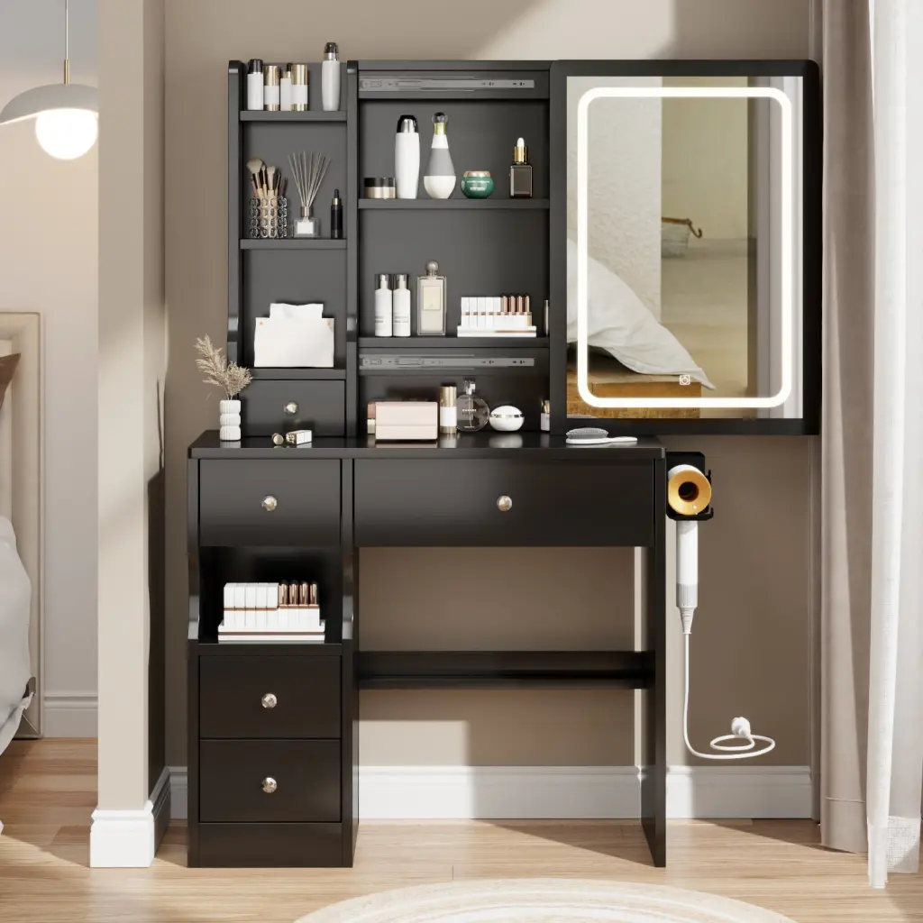 Small Space Left Drawer Desktop Vanity Table Cushioned Stool 2 AC 2 USB crazy elf