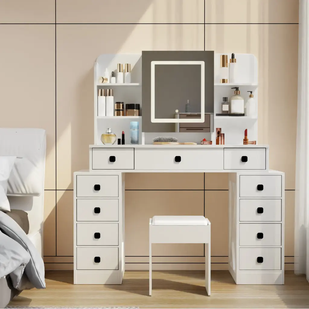 Farmhouse Vanity Desk Sliding Mirror Lights And Charging Station familyroom furnitures