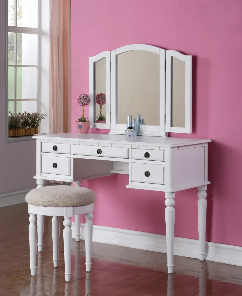 Contemporary Vanity Set Foldable Mirror Stool Drawers White kanepe
