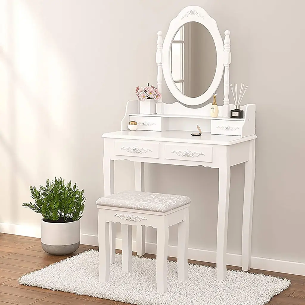 Vanity Table Set 4 Drawers and Cushioned Stool Girls Dressing Table makeup