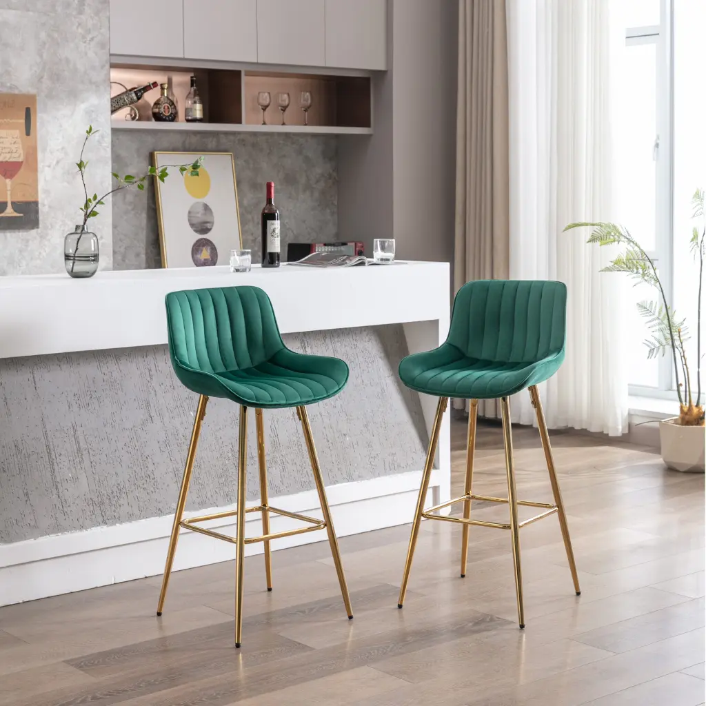 30 Inch Set 2 Bar Stools Chrome Footrest Velvet Material Counter Height Seating weehaa furniture