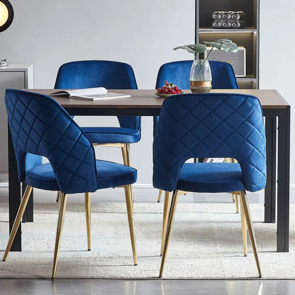 Blue Velvet Dining Chairs Metal Legs And Hollow Back Upholstered Seats bn smart home w1516