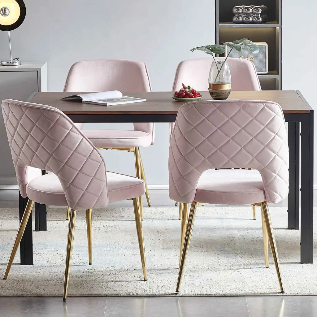 Pink Velvet Dining Chairs Metal Legs and Hollow Back Design Kitchen bn smart home w1516
