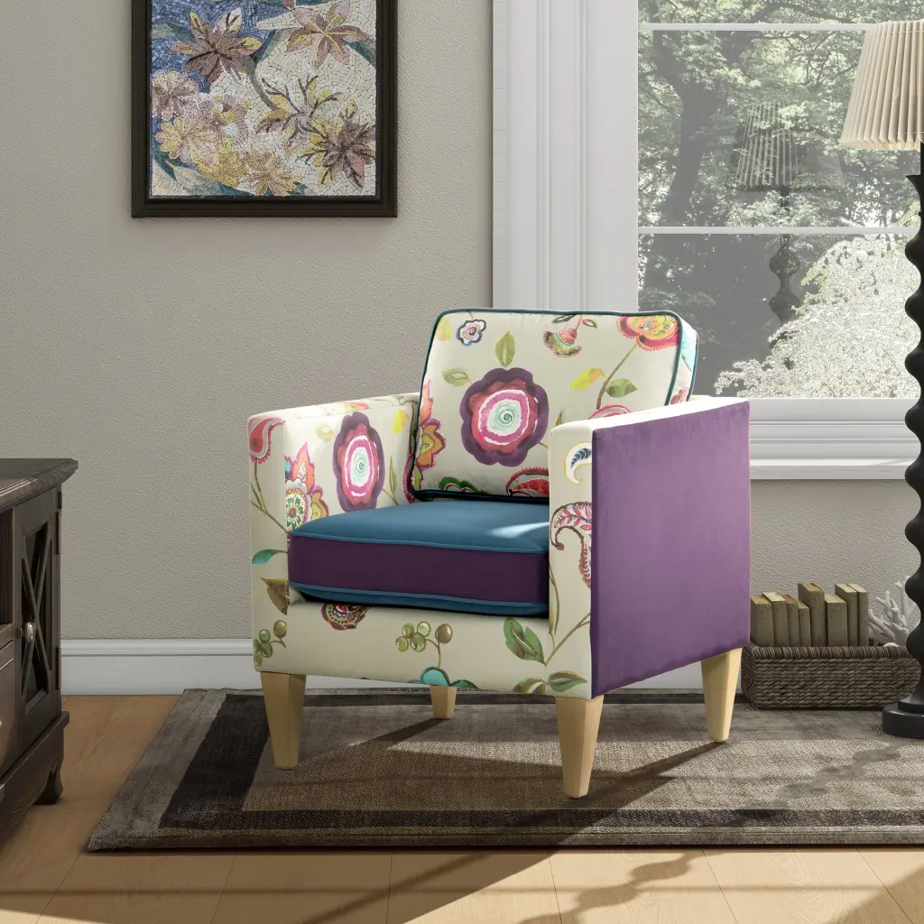 Mamba 28 Inch Patchwork Accent Chair Teal Blue Purple Velvet & Multicolor jennifer taylor home