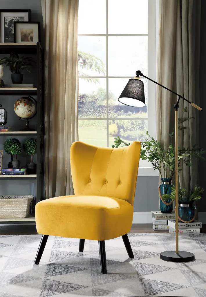 One Kind Style Accent Chair Yellow Velvet Covering Button Tufted Back Brass Legs kanepe