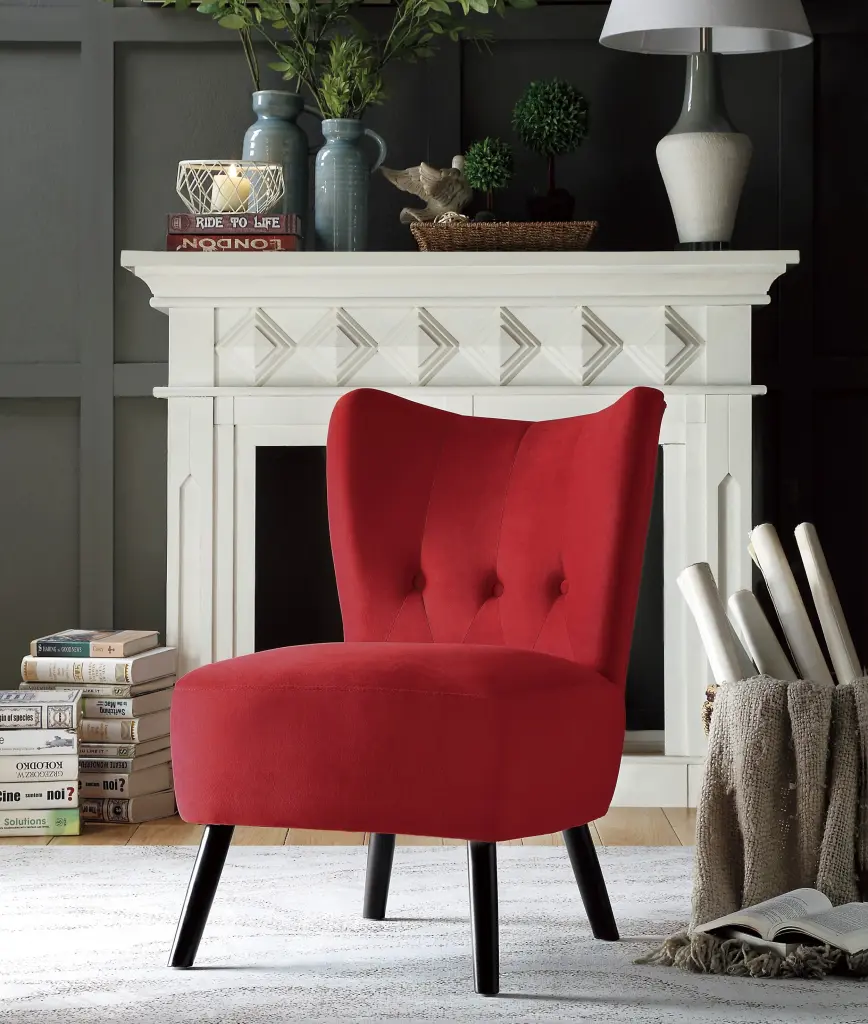 Red Velvet Accent Chair Button Tufted Back Brown One Kind Style kanepe