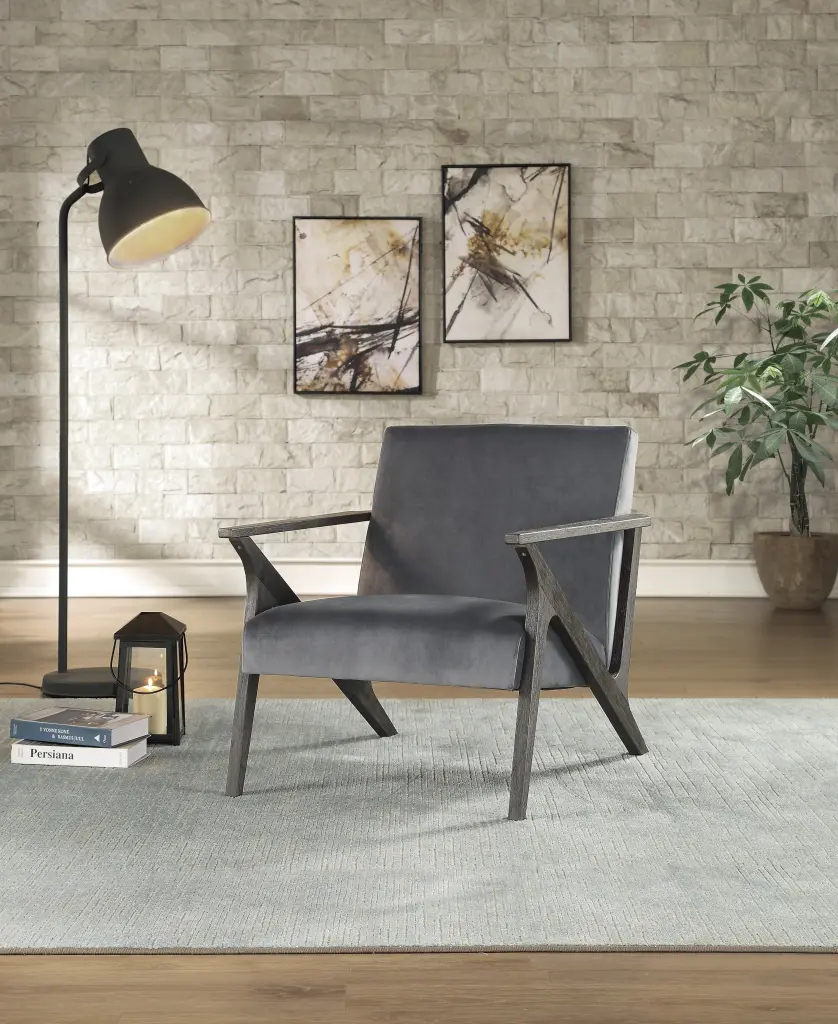 Retro Style Velvet Upholstered Gray Accent Chair Solid Rubberwood kanepe