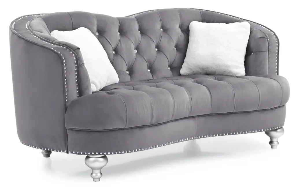 Charming Gray Loveseat Recessed Arms Gray Foam Velvet Upholstery glory furniture