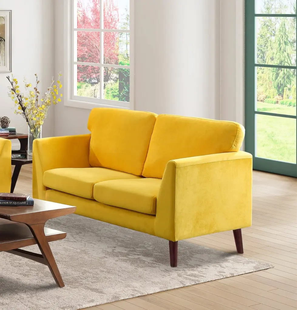 Modern Contemporary Living Room 1Pc Loveseat Yellow Velvet Upholstery Small Sofa kanepe