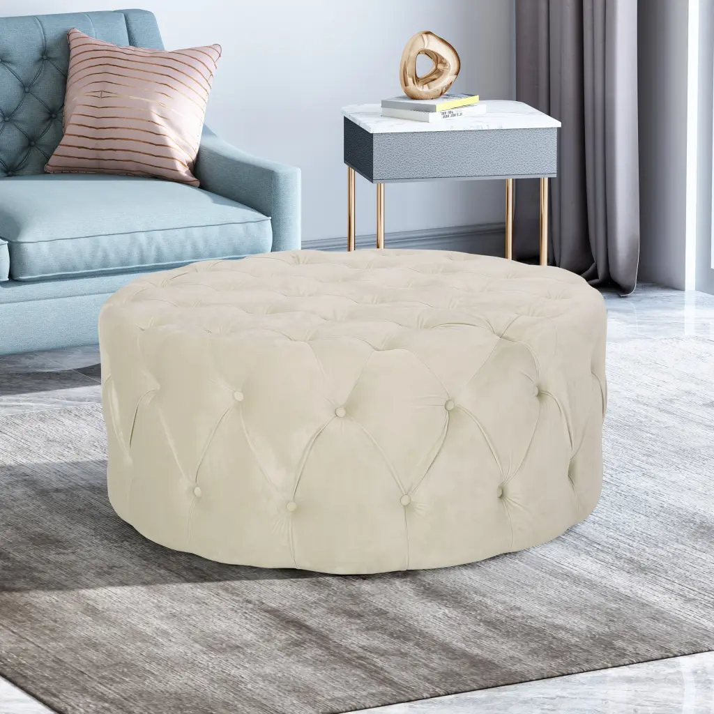 Ottoman Beige Velvet Footstool Pouf Living Room Accent nh-an