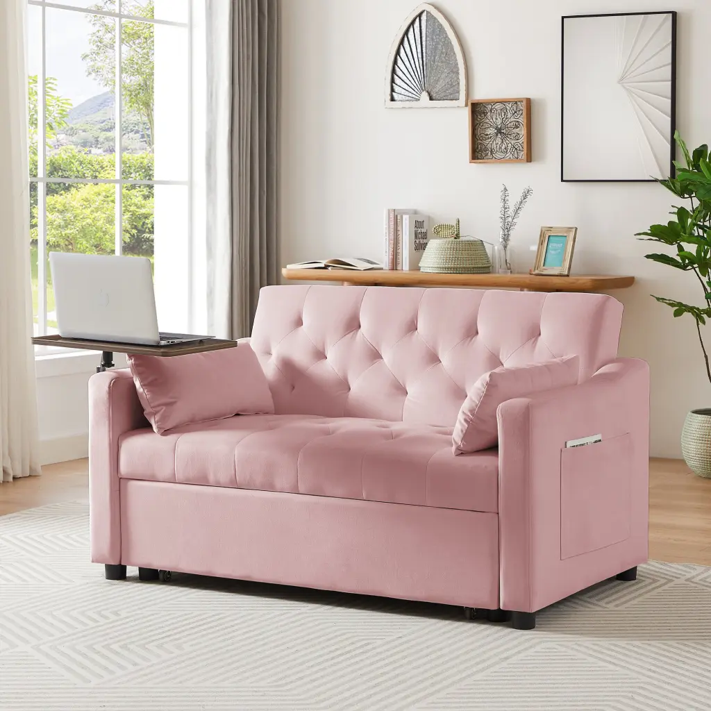 Pink Velvet Sofa Bed Tufted Back and Foam Cushions, 2-Seater Living Room cy furniture