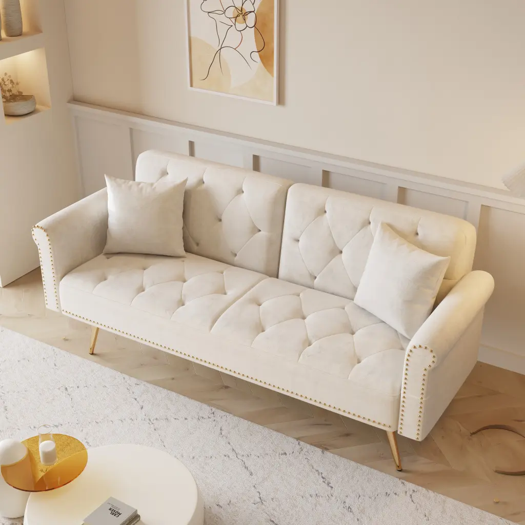 69.7 Inch Beige Velvet Nail Head Sofa Bed Throw Pillow - Luxurious Comfort fan chen furniture