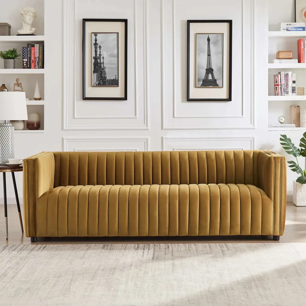 Dominic Channel Tufted Velvet Sofa Dark Yellow Timber Frame ashcroft furniture
