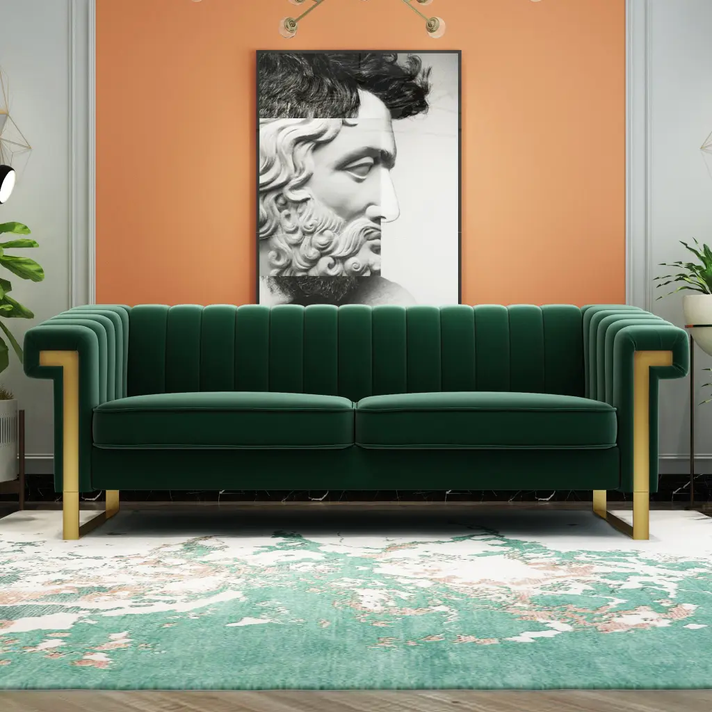 Fx P81 Rg2 Retro Green Sofa Modern Cream Velvet Sofa Gold Accents factoryx