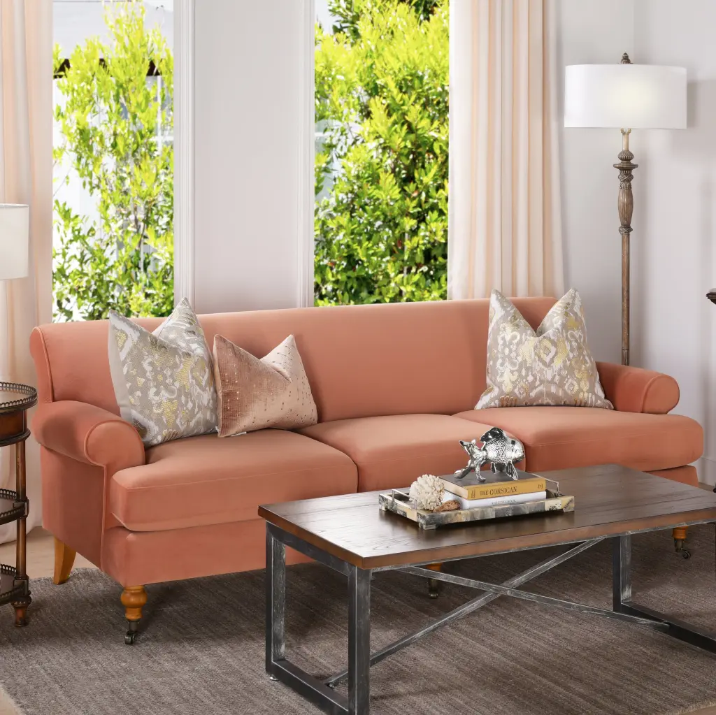 Alana Lawson Three Cushion Tightback Sofa Peach Orange Velvet Living Room Furniture jennifer taylor home