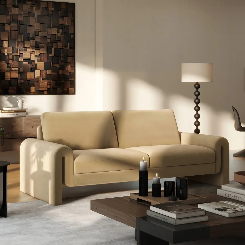 Mason 85 Inch Arched Arm Sofa Camel Brown Beige Velvet jennifer taylor home