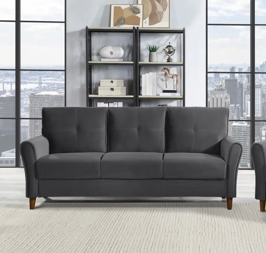 Gray Velvet Upholstered Sofa Plush Seatbacks and Tufted Details kanepe