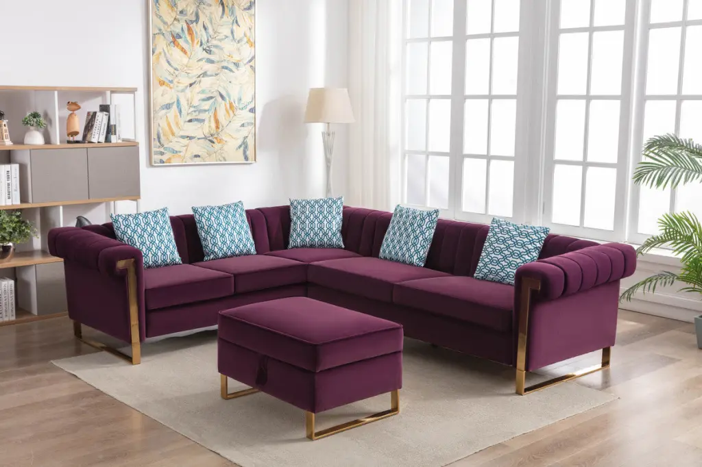 Maddie 109 Inch Purple Velvet 6 Seater Sectional Sofa Storage Ottoman lilola home