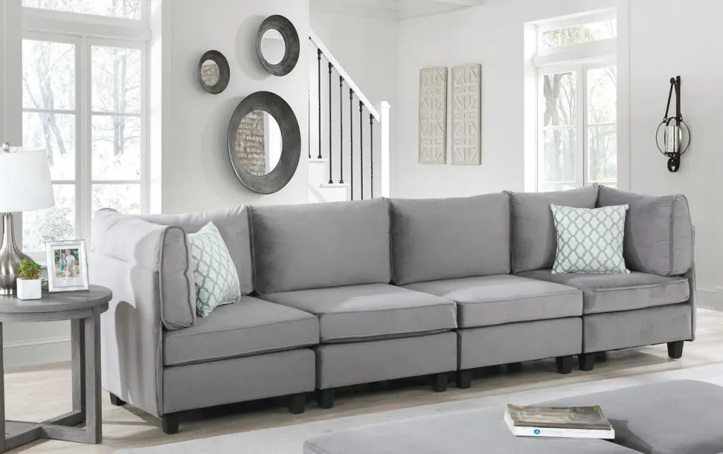 Zelmira 120 Inch Gray Velvet 4 Piece Living Room Sofa Set Luxurious Upholstery lilola home