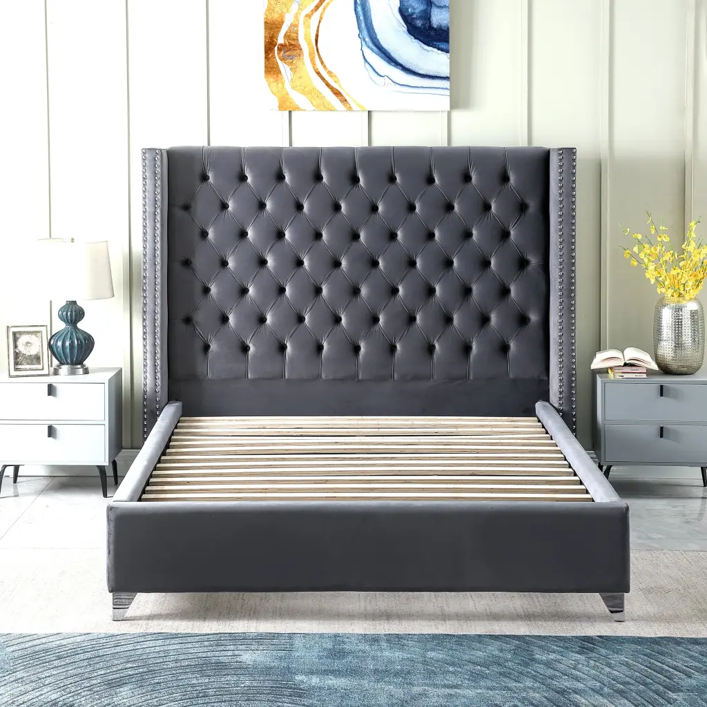 Contemporary Velvet Upholstered Bed Deep Button Tufting and Solid Wood Frame w1241 artisan furniture