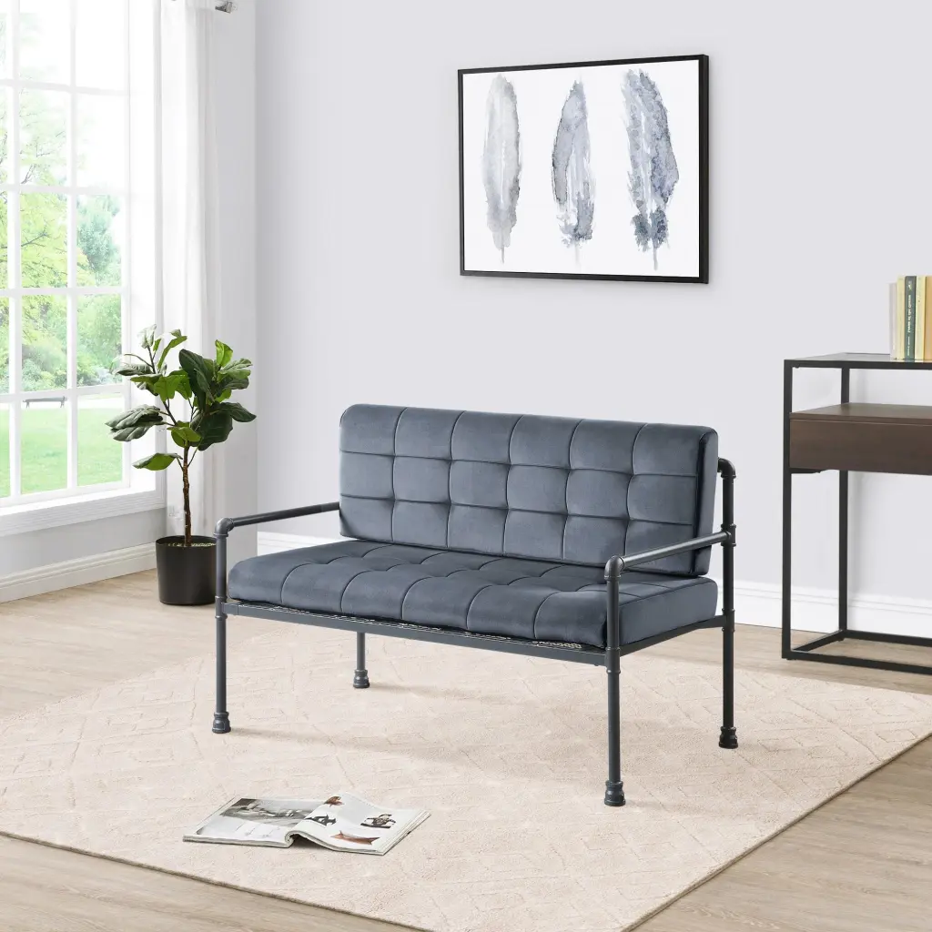 Grey And Sandy Grey Loveseat Loose Back Grey Velvet Metallic Legs furniture max