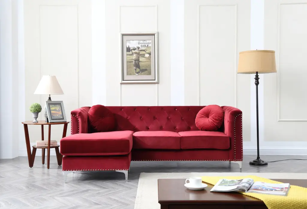 Burgundy Velvet Sofa Chaise 3 Boxes Wood Frame glory furniture