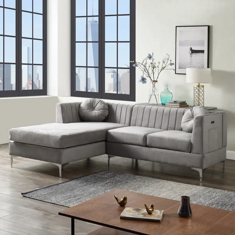 Chloe 85.5 Inch Gray Velvet Sectional Sofa USB Charging Port lilola home