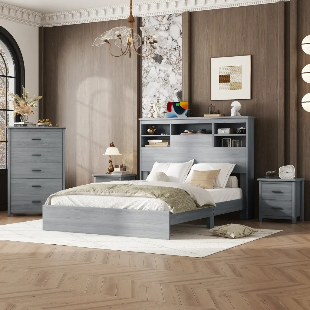 4 Piece Queen Size Vintage Wooden Bedroom Set 2 Nightstands homey life
