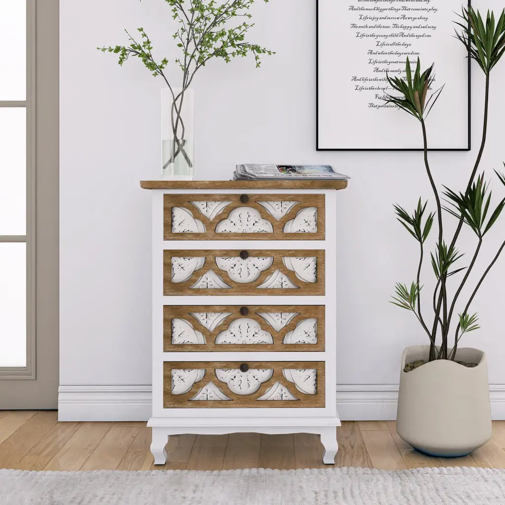 Vintage Accent Drawer Carved Detailing and Natural Timber Finish rnb