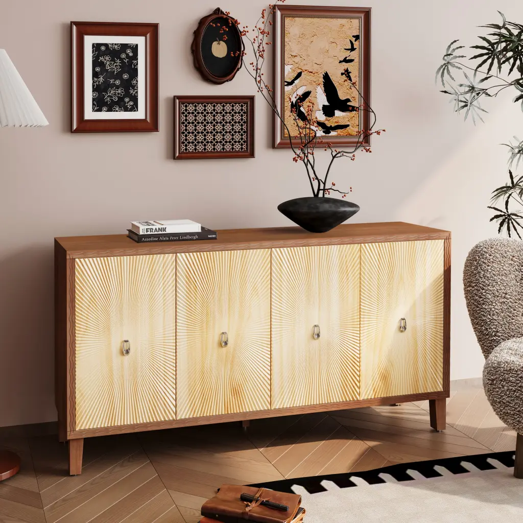 Vintage 4 Door Storage Cabinet Carved Scatter Pattern Dining Sideboard rnb