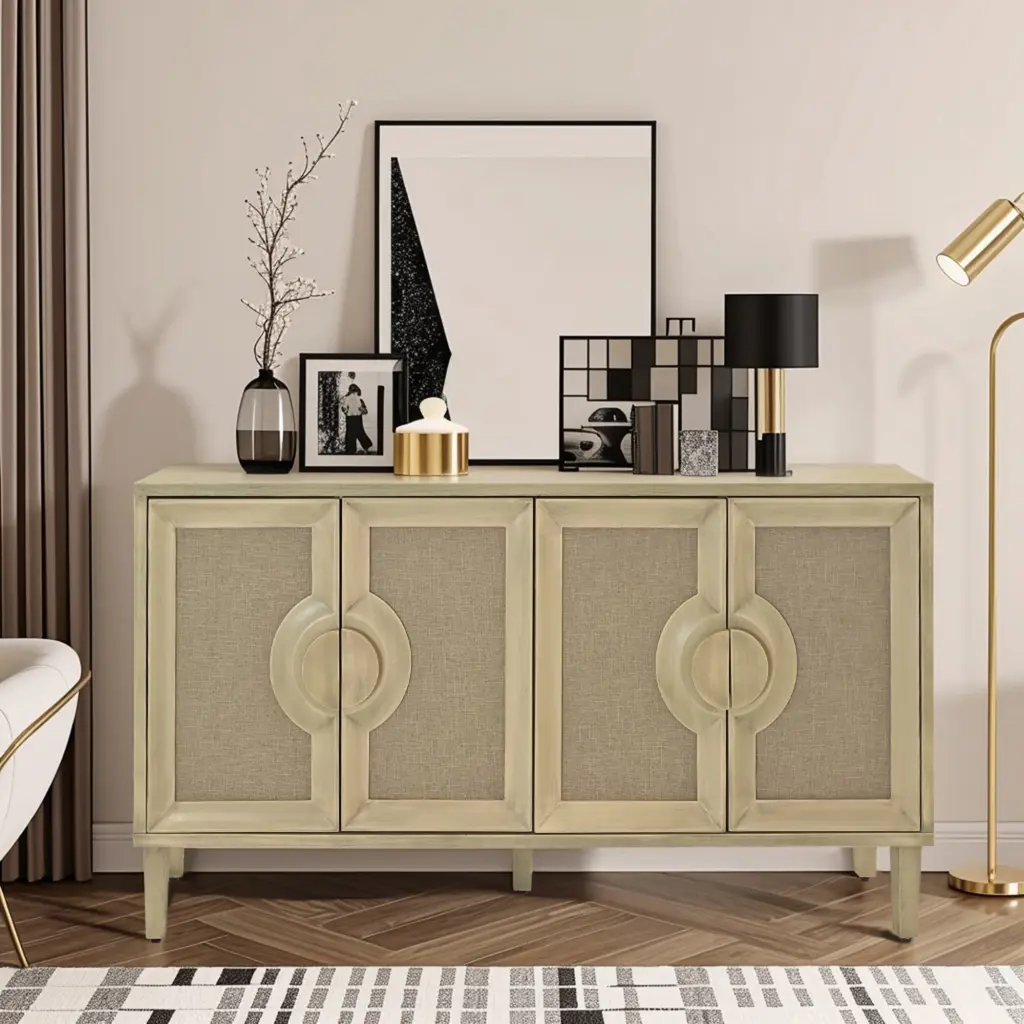 59.84 Inch Elegant Vintage 4 Door Cabinet Linen Decorated Doors Bedroom Storage spribung