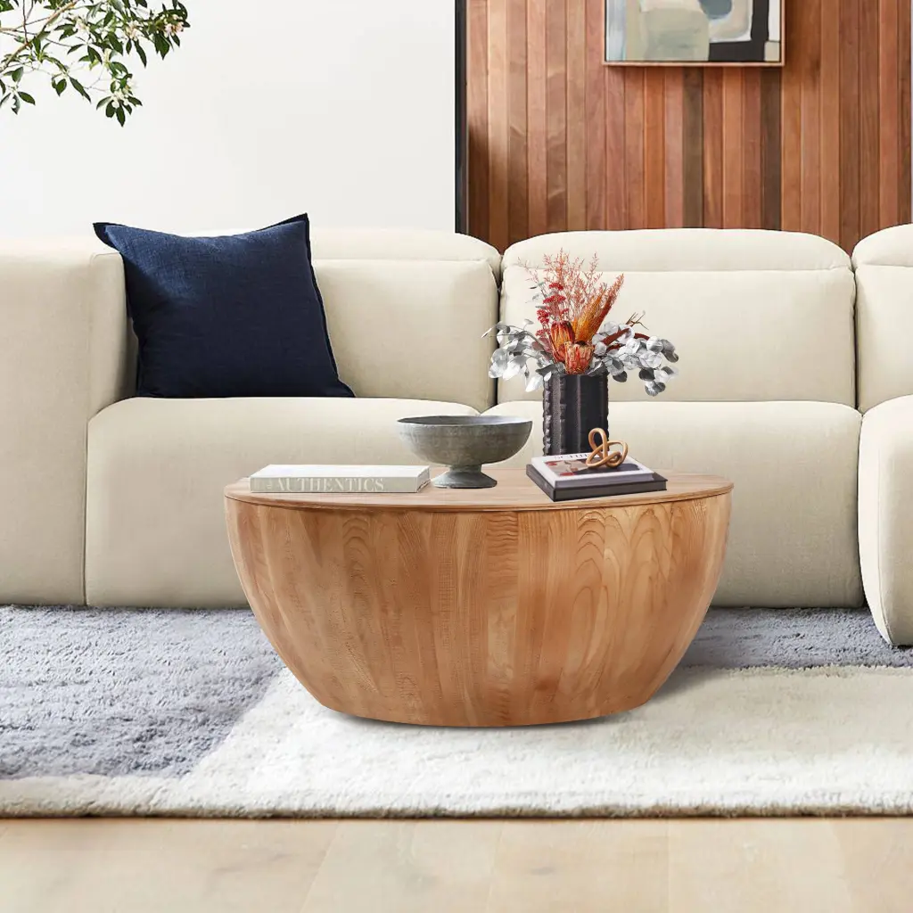 DeeHome 35.43 Vintage Style Bucket Shaped Coffee Table Office, Dining Room, and Living Room Natural Finish