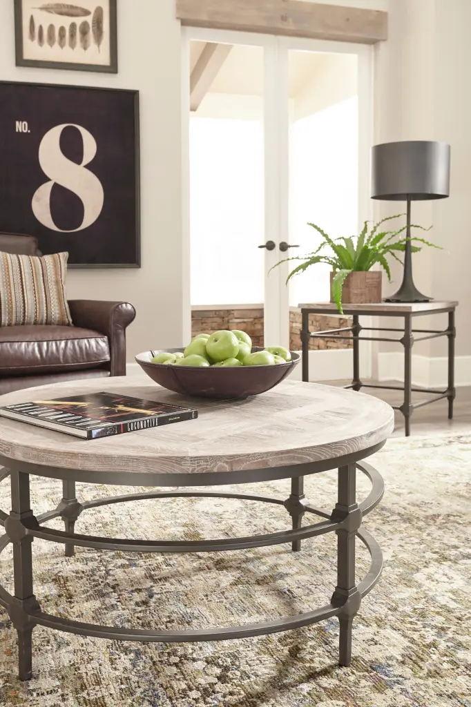 Manchester Vintage 36 Inch Round Iron and Elm Coffee Table Studio Home