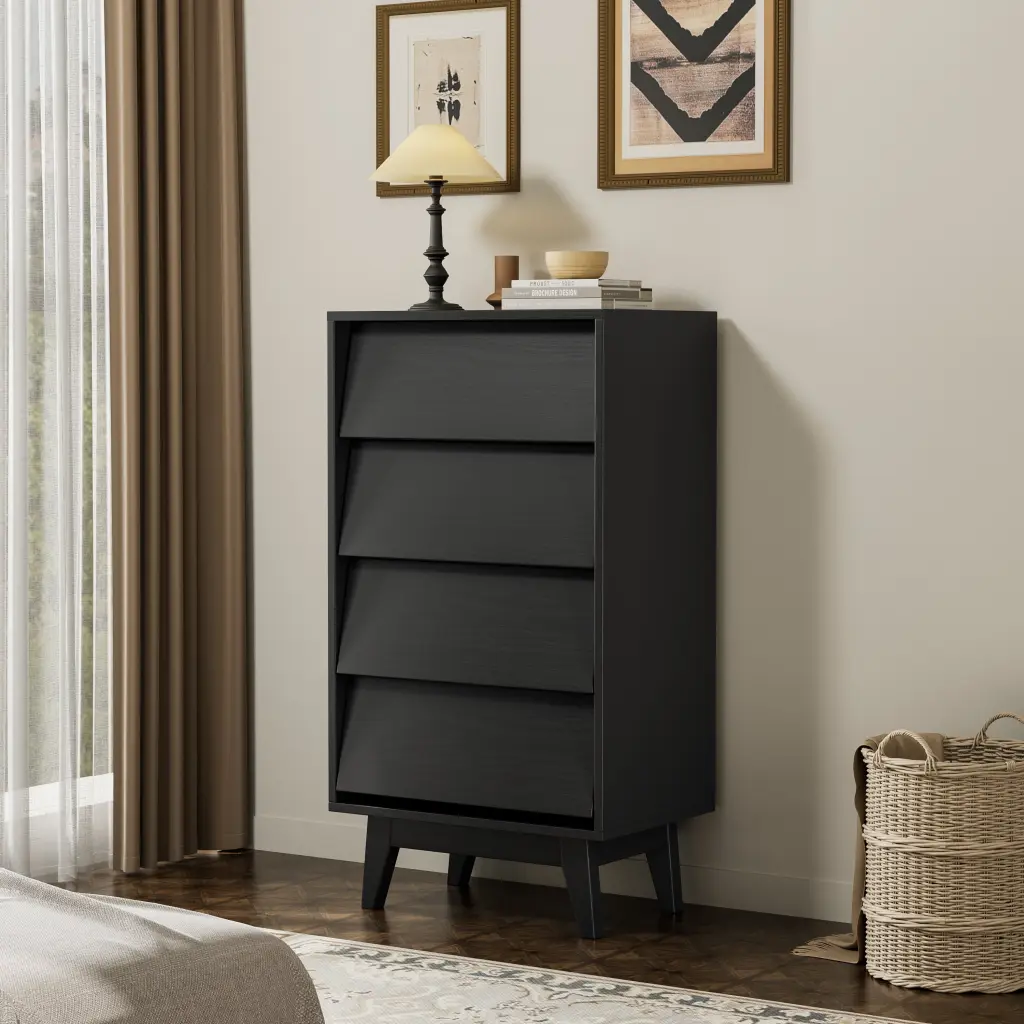 4 Drawer Double Dresser Vintage Style Bevel Design Black Finish hs furniture