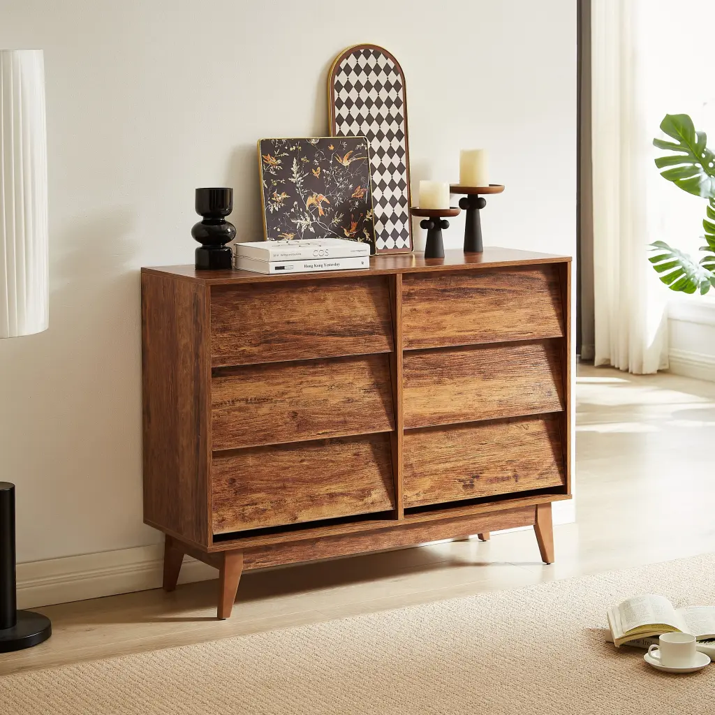 6 Drawer Vintage Style Dresser Bevel Design Brown hs furniture