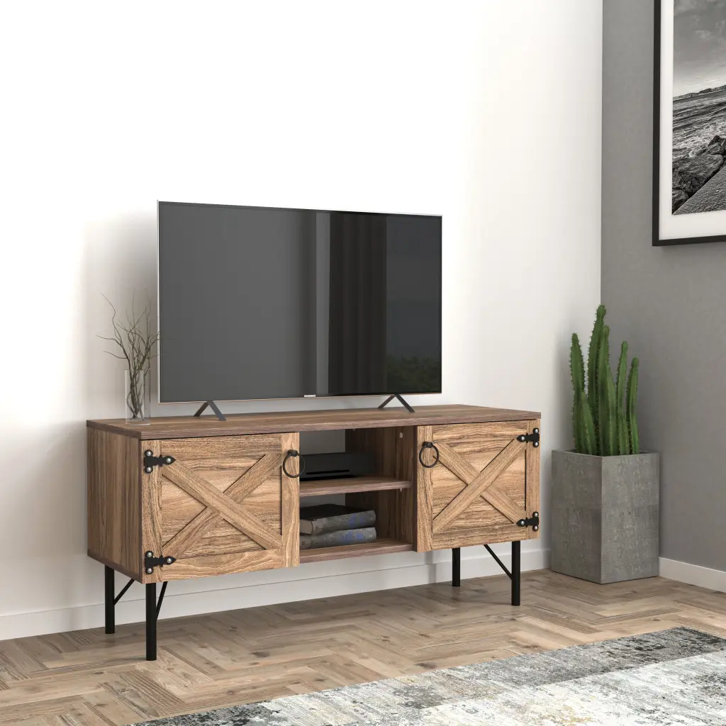 Loft Wood 2 Cupboards Vintage TV Stand Walnut 80-89 Inches Media Console furnia