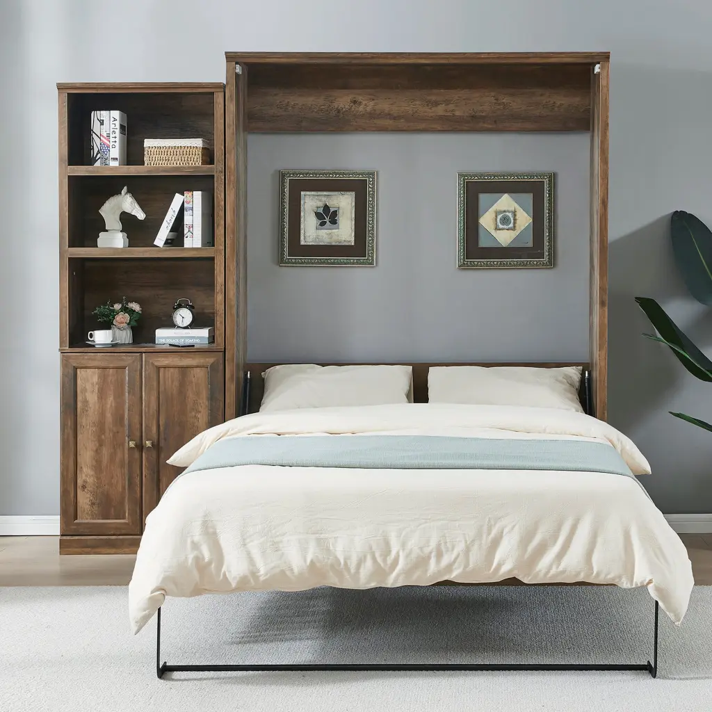 Queen Dimensions Half Self Close and Open Murphy Bed Side Cabinet Storage Space Saver bed best
